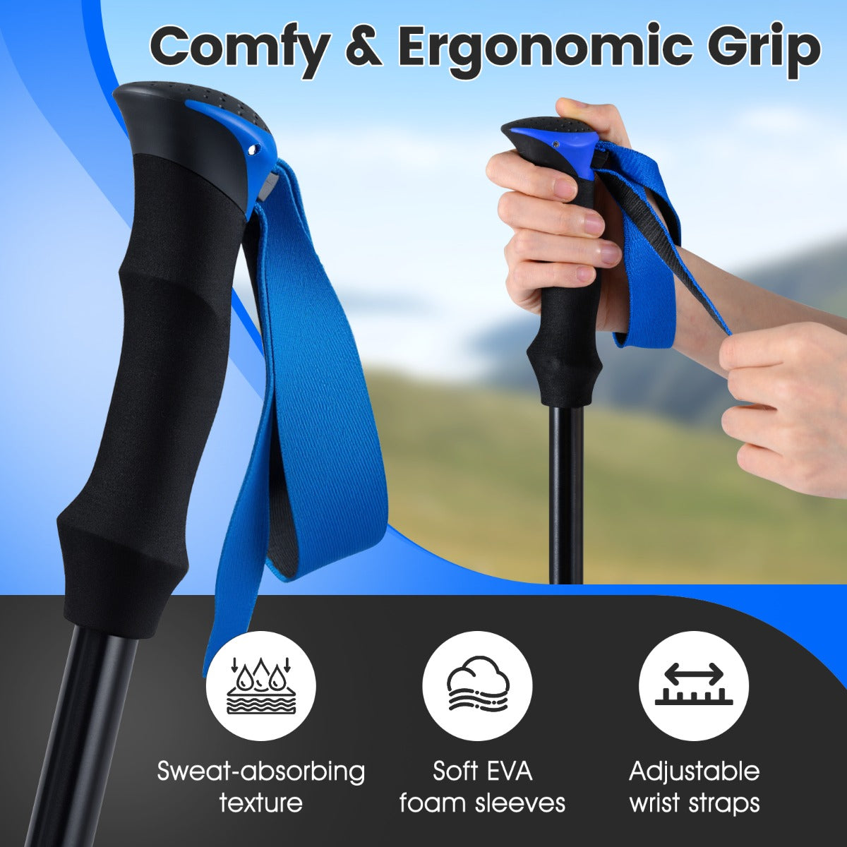 Lightweight Tri-fold Walking Sticks with Flip Lock and EVA Foam Handle-Blue