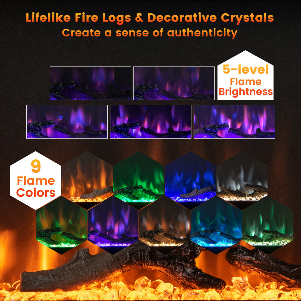 Linear Electric Fireplace with Log and Crystal Decor and Remote Contro-106 cm