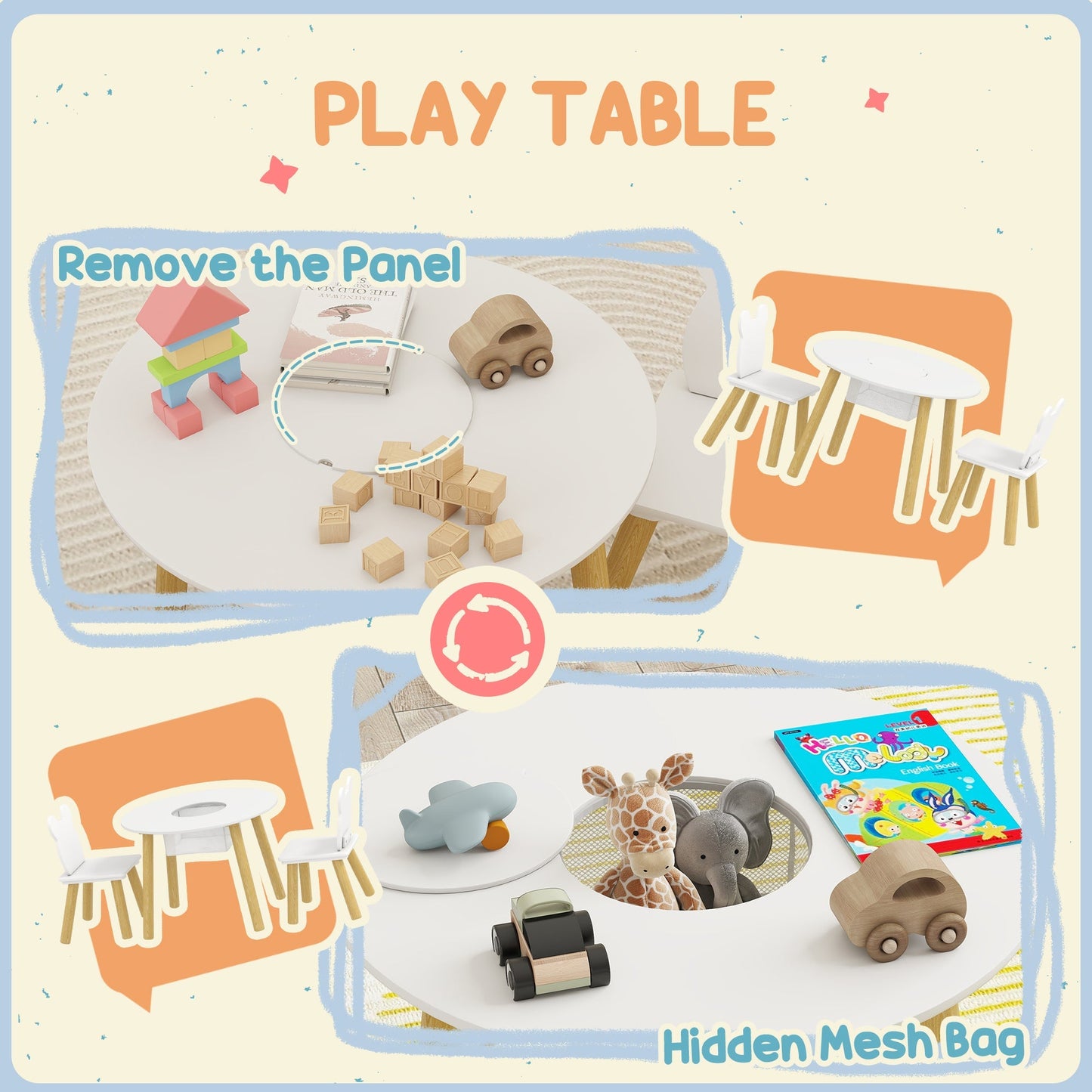 AIYAPLAY 3-Piece Kids Activity Table Set with Centre Mesh Bag, Bear-Shaped Backrest, for Arts and Crafts, Reading, White