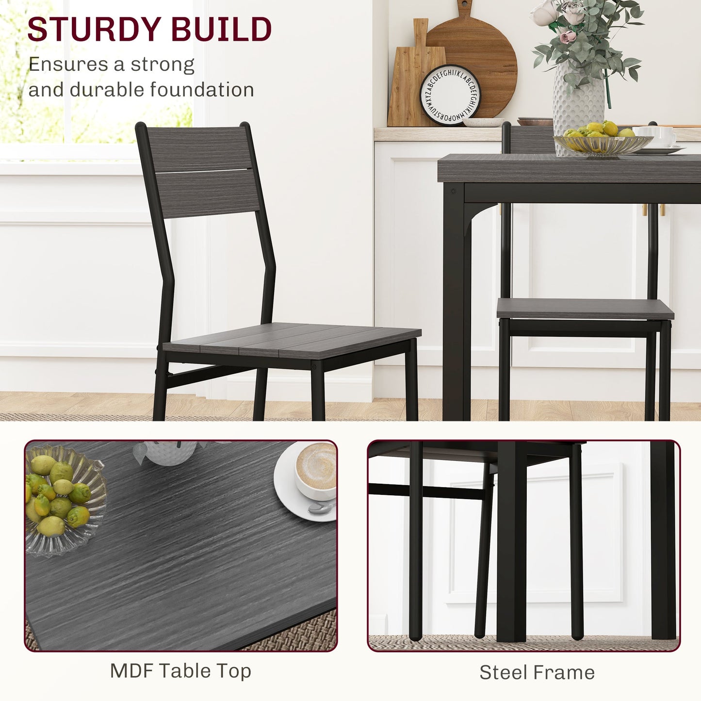 HOMCOM Three-Piece Minimal and Compact Dining Set, Grey Wood Grain