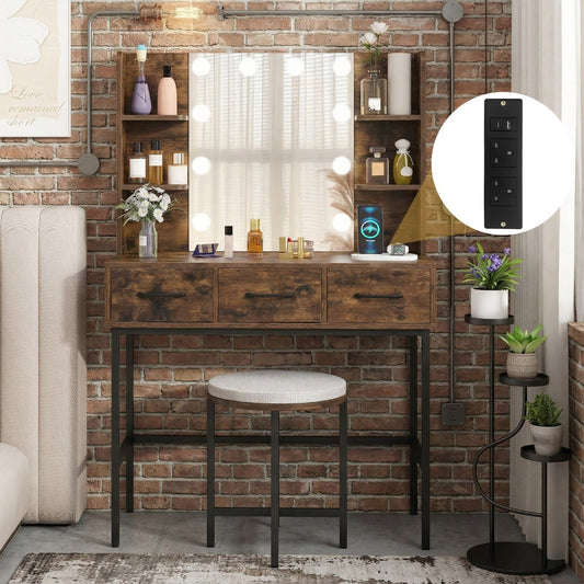 Makeup Dressing Table and Cushioned Stool Set with Power Outlets-Rustic Brown