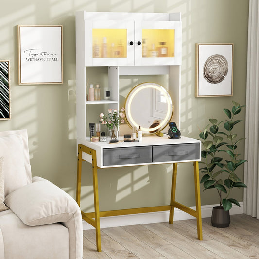 Makeup Vanity Desk with Rotating Mirror and Adjustable Light-White