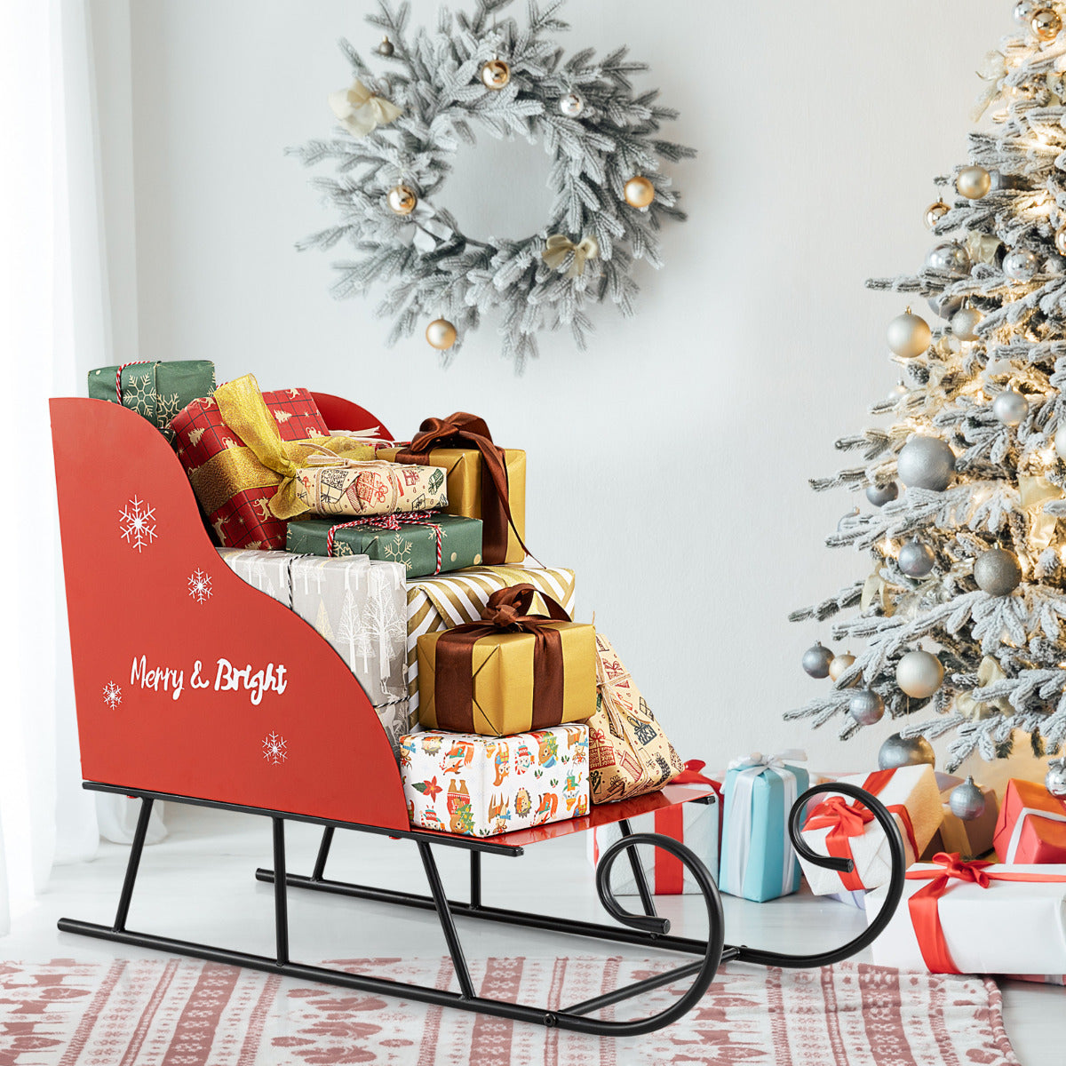 Metal Christmas Santa Sleigh Basket Xmas Santa's Gift Storage Sleigh