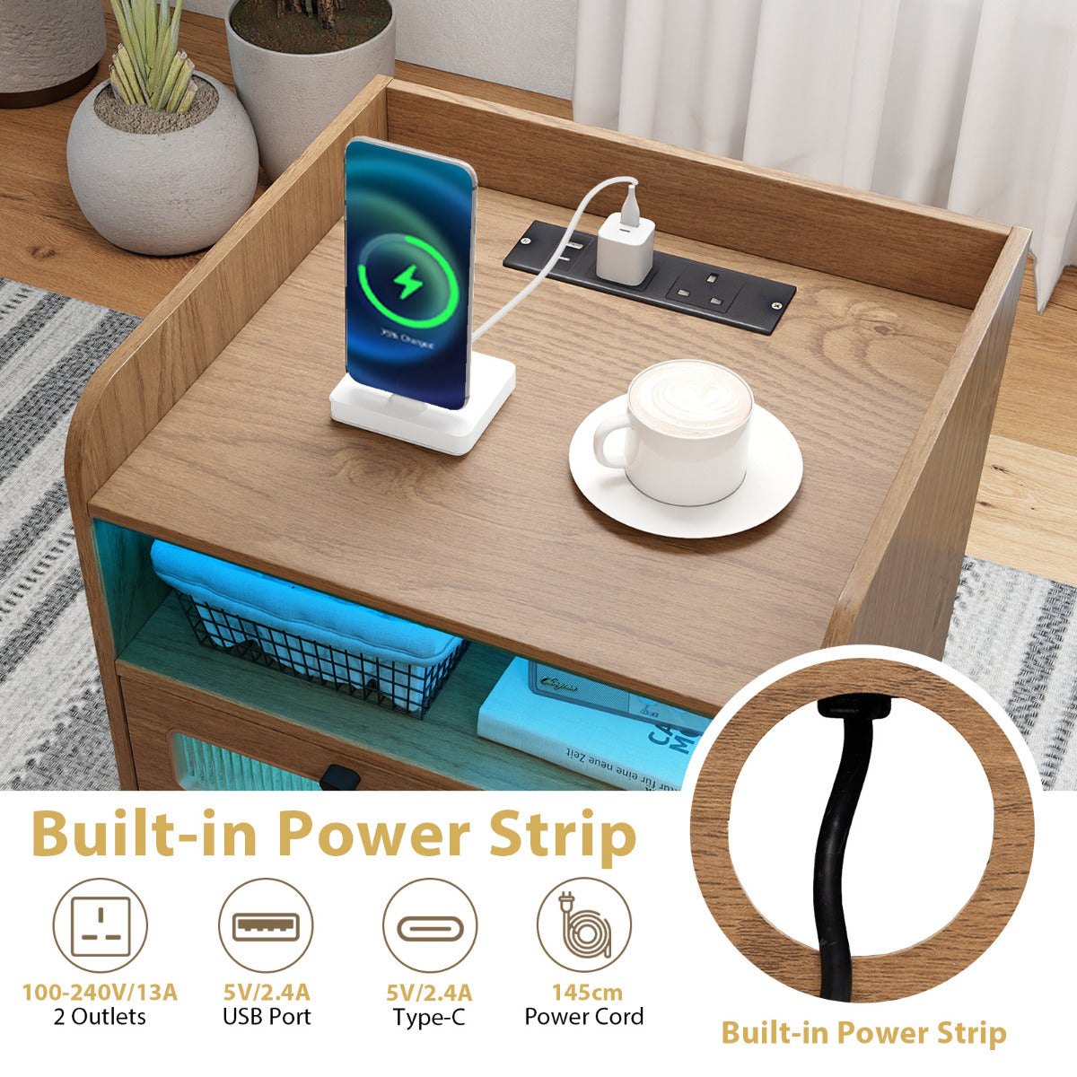 Mid Century Nightstand Modern Bedside Table with Charging Station-Natural