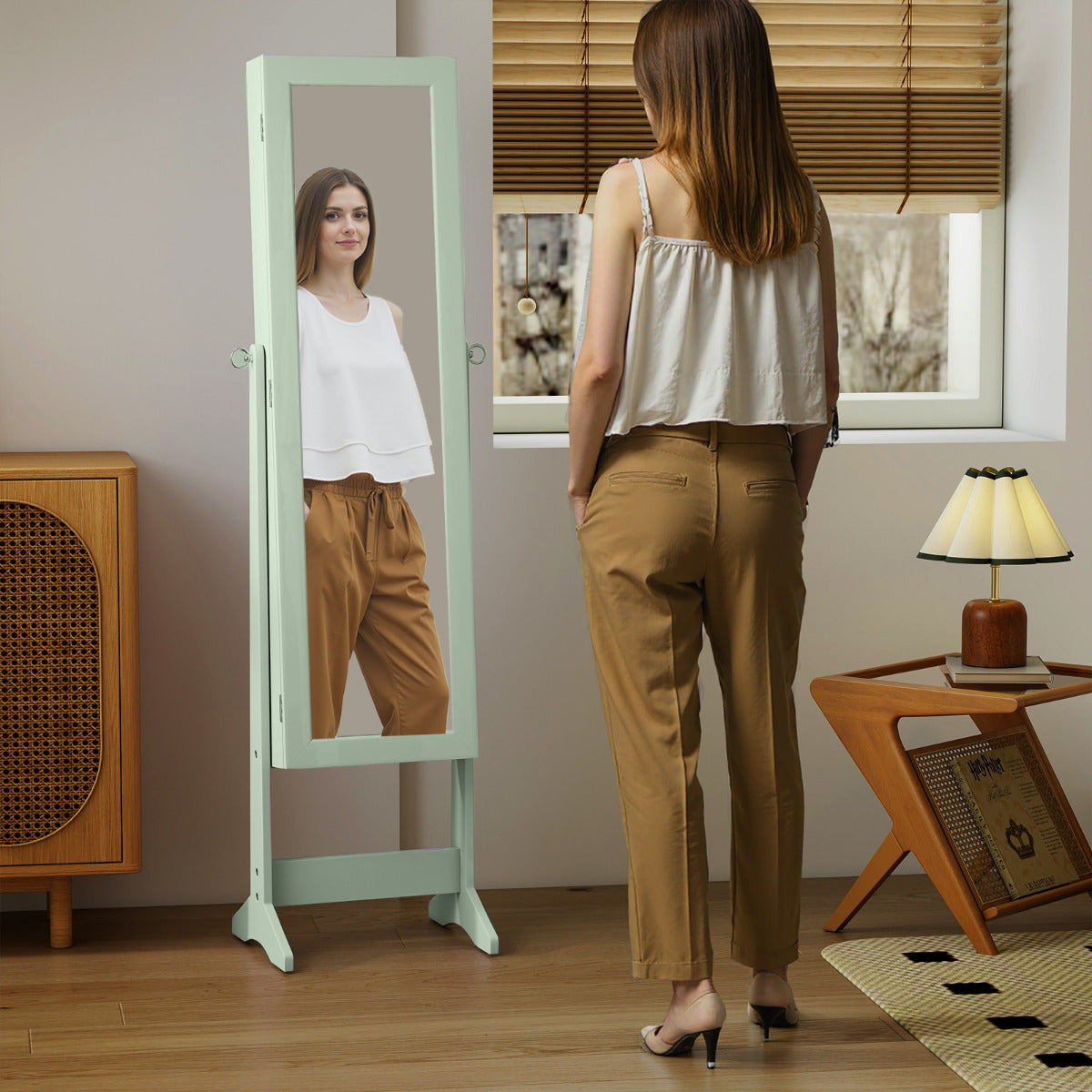 Mirrored Jewelry Armoire with Full-Length Mirror and 3 Tilting Angles-Green