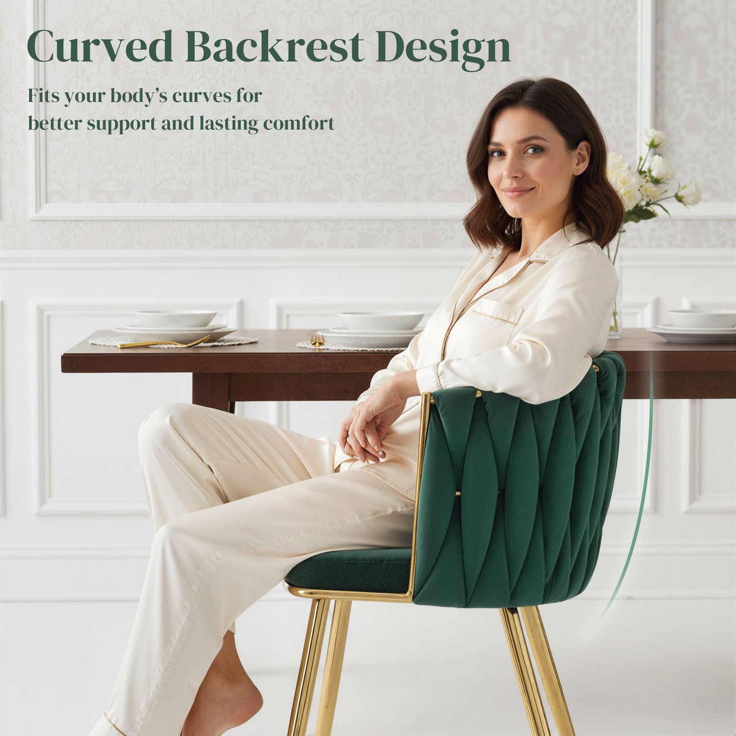 HOMCOM Velvet-Feel Dining Chairs Set of 2, Modern Upholstered Kitchen Chairs with Woven Backrest and Armrests, Metal Legs and Padded Seat for Dining Room, Bedroom, Living Room, Dark Green