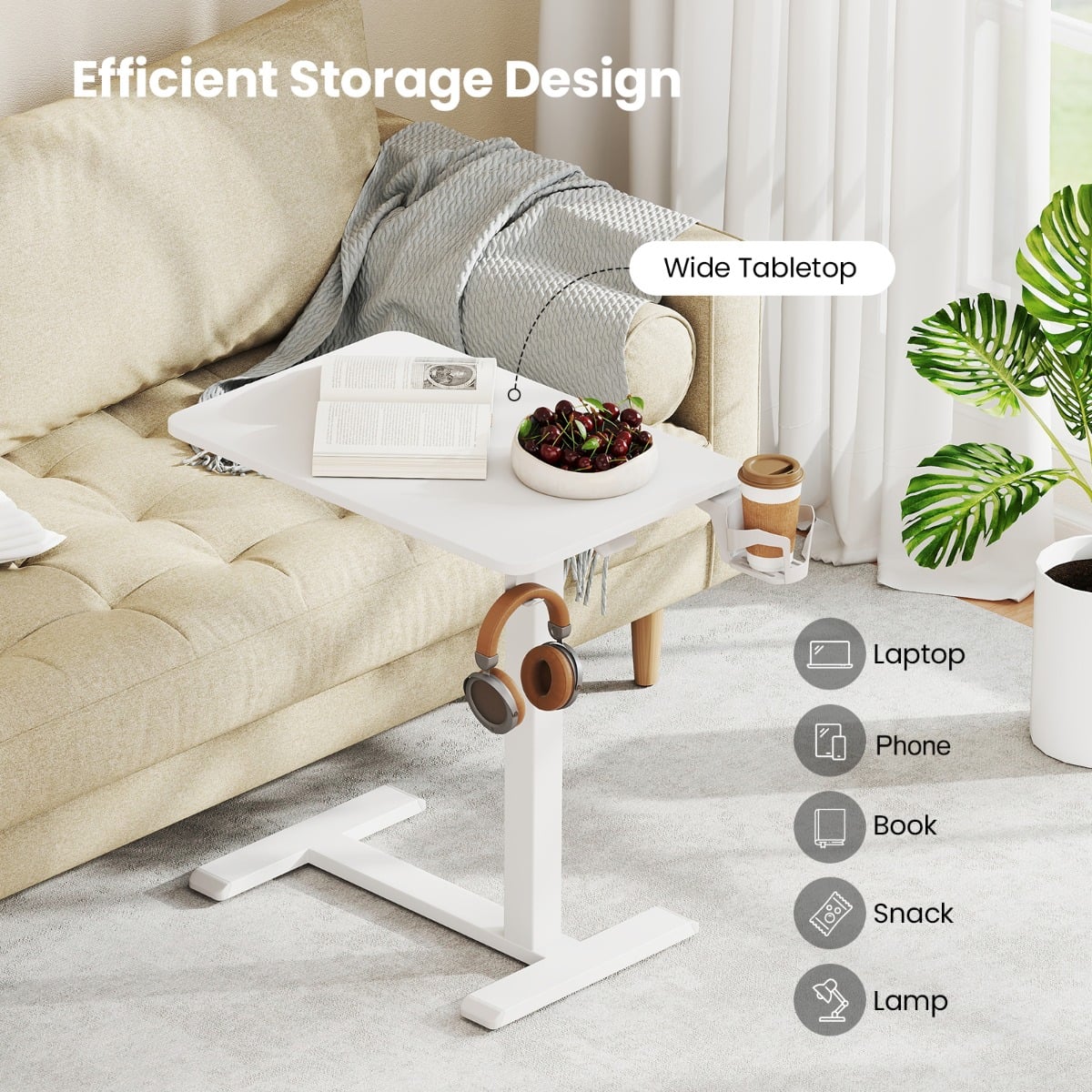 Height Adjustable Overbed Bedside Table with Cup Holder and Headphone Hook-White