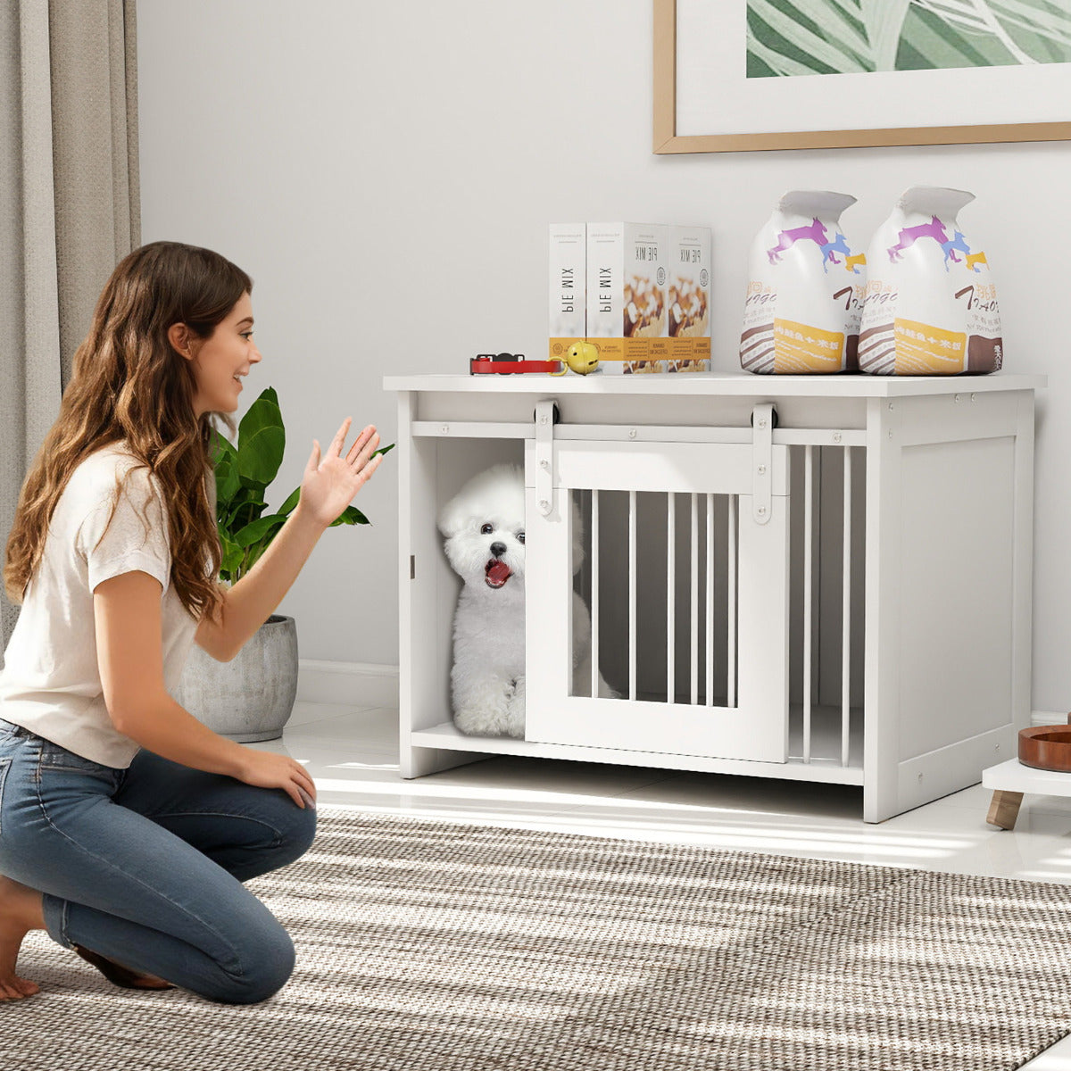 Modern Dog Crate Wooden Dog Cage with Wide Tabletop and Door-White