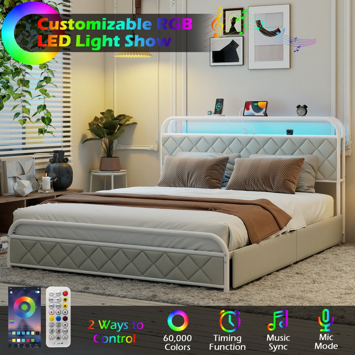 Modern Faux Leather Upholstered Platform Bed with Storage Headboard-White-King Size