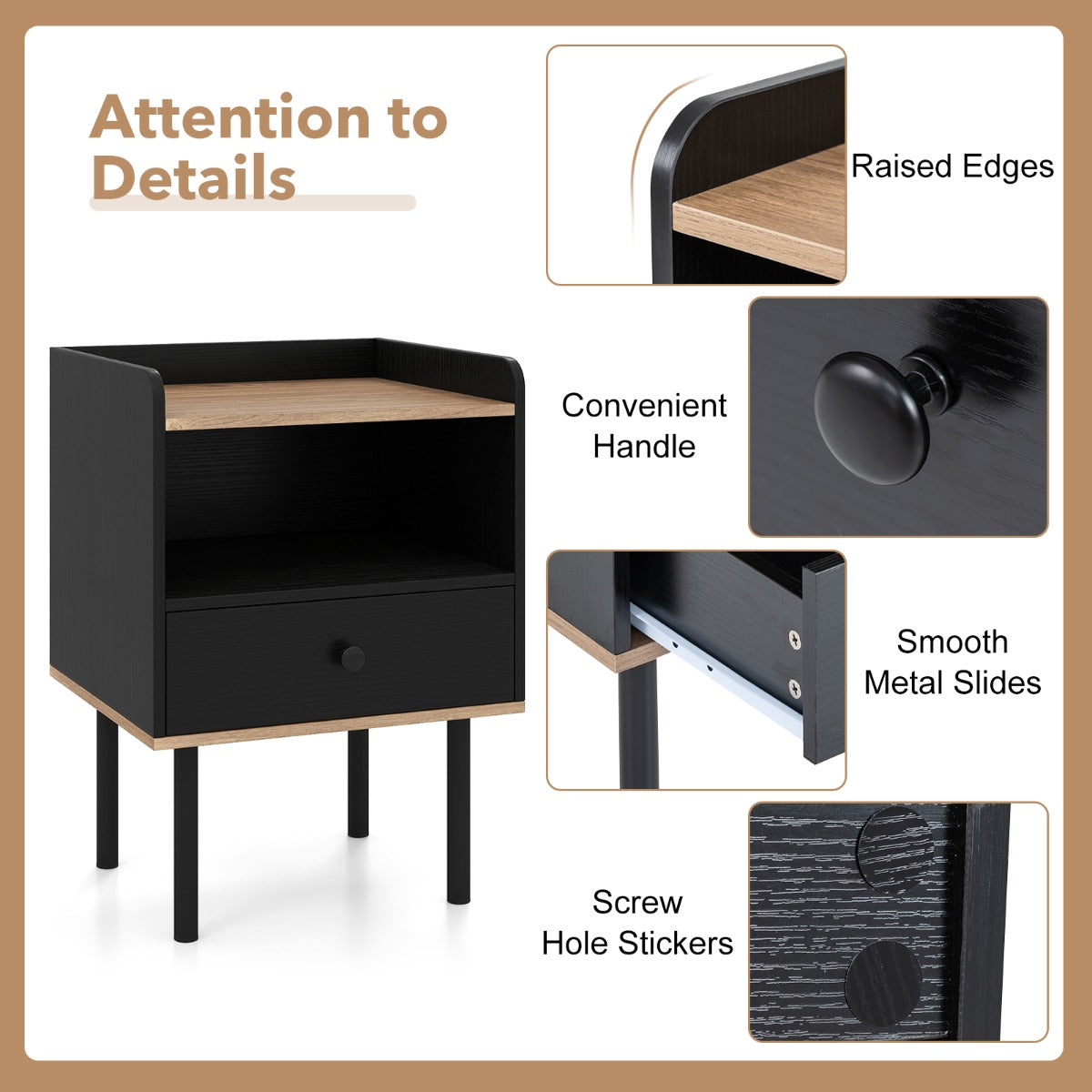 Modern Sofa Side Table with Drawer and Metal Legs for Small Spaces-Black-2 Pieces