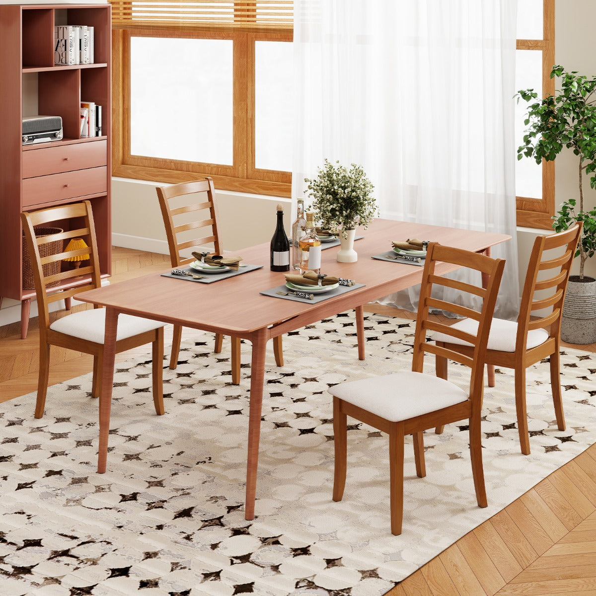 Modern Upholstered Kitchen Chair Set of 2 with Rubber Wood Legs-Beige