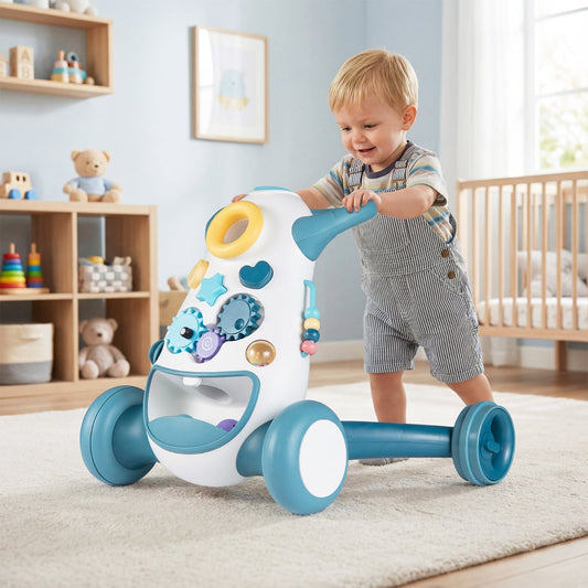 Montessori Baby Walker Toddler Educational Push Toy with Music and Light-Blue