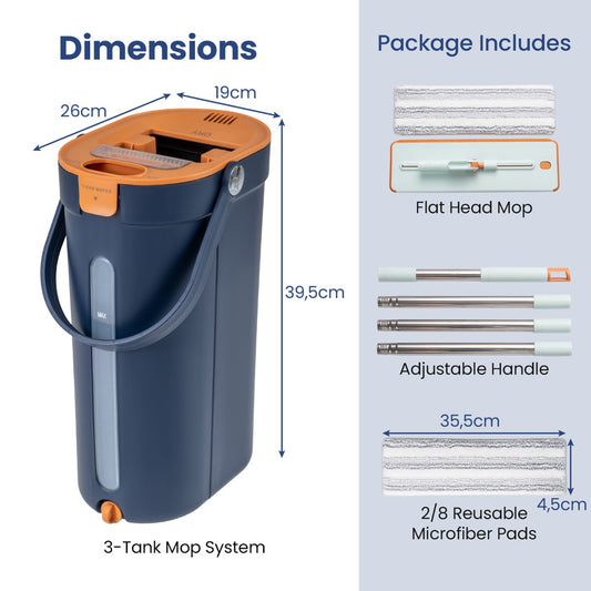 Mop and Bucket Set with Wringer 3-Tank Flat Floor Mop & Bucket System-Navy