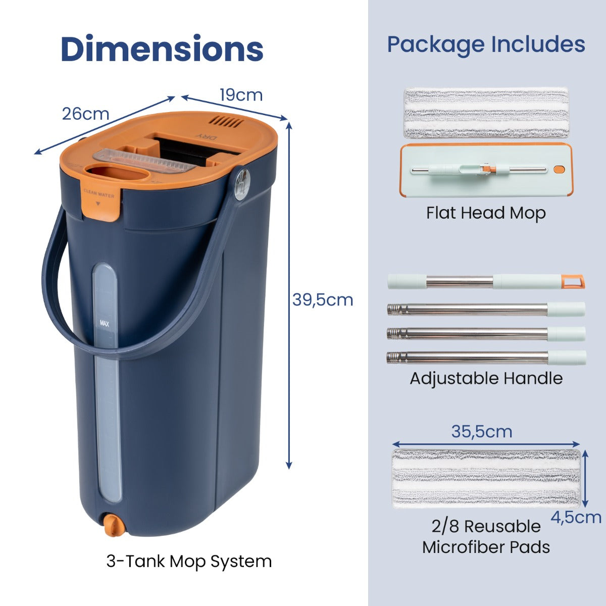 Mop and Bucket Set 3-Tank Flat Floor Mop and Bucket System with Wringer-Navy Blue