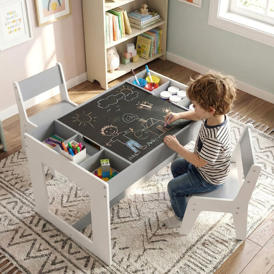 Multifunctional Kids Table and 2 Chairs Set with Whiteboard-Gray & White