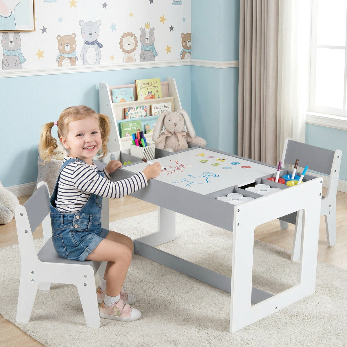 Multifunctional Kids Table and 2 Chairs Set with Whiteboard-Gray & White