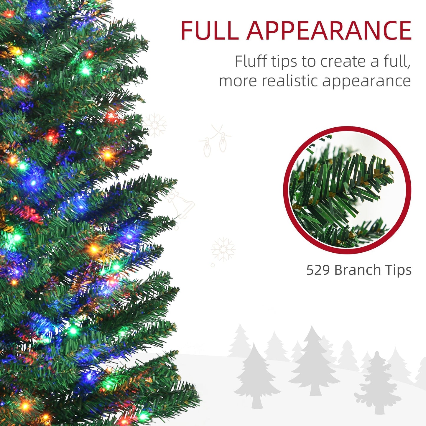 HOMCOM 7.5' Artificial Prelit Christmas Trees Holiday Decor with Colourful LED Lights, Pencil Shape, Steel Base