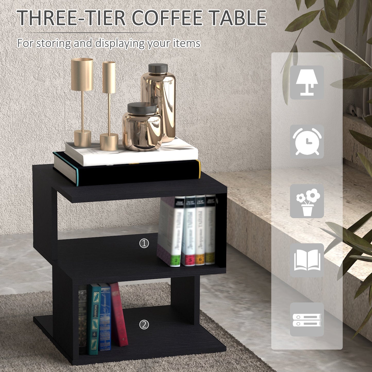 HOMCOM Set of 2 Side Table Square Coffee Table, Modern End Table with 2 Tier Storage Shelves for Living Room, Bedroom, Black