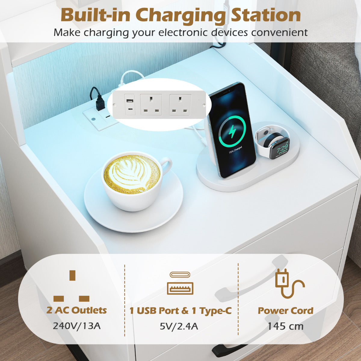 Nightstand Modern Bedside Table Set of 2 with Built-in Charging Station-White