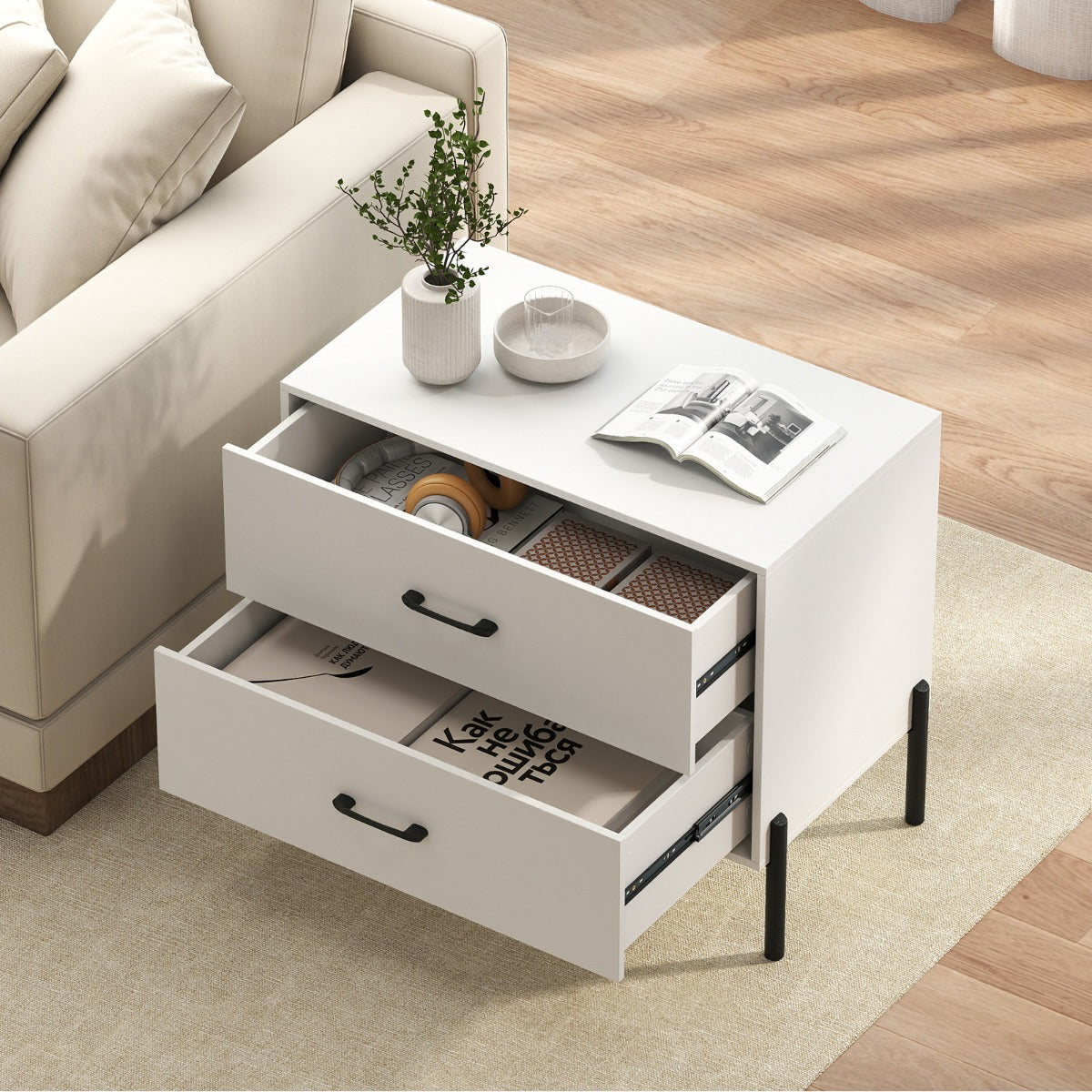Nightstand with 2 Removable Drawers and Heavy Duty Metal Legs-White