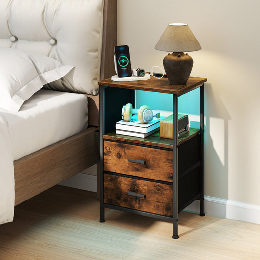 Nightstand with Charging Station and Folding Fabric Drawers-Rustic Brown