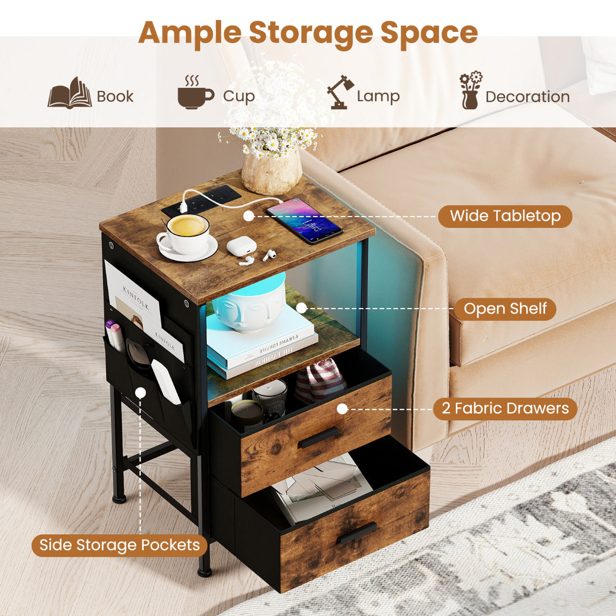 Nightstand with Charging Station and Folding Fabric Drawers-Rustic Brown