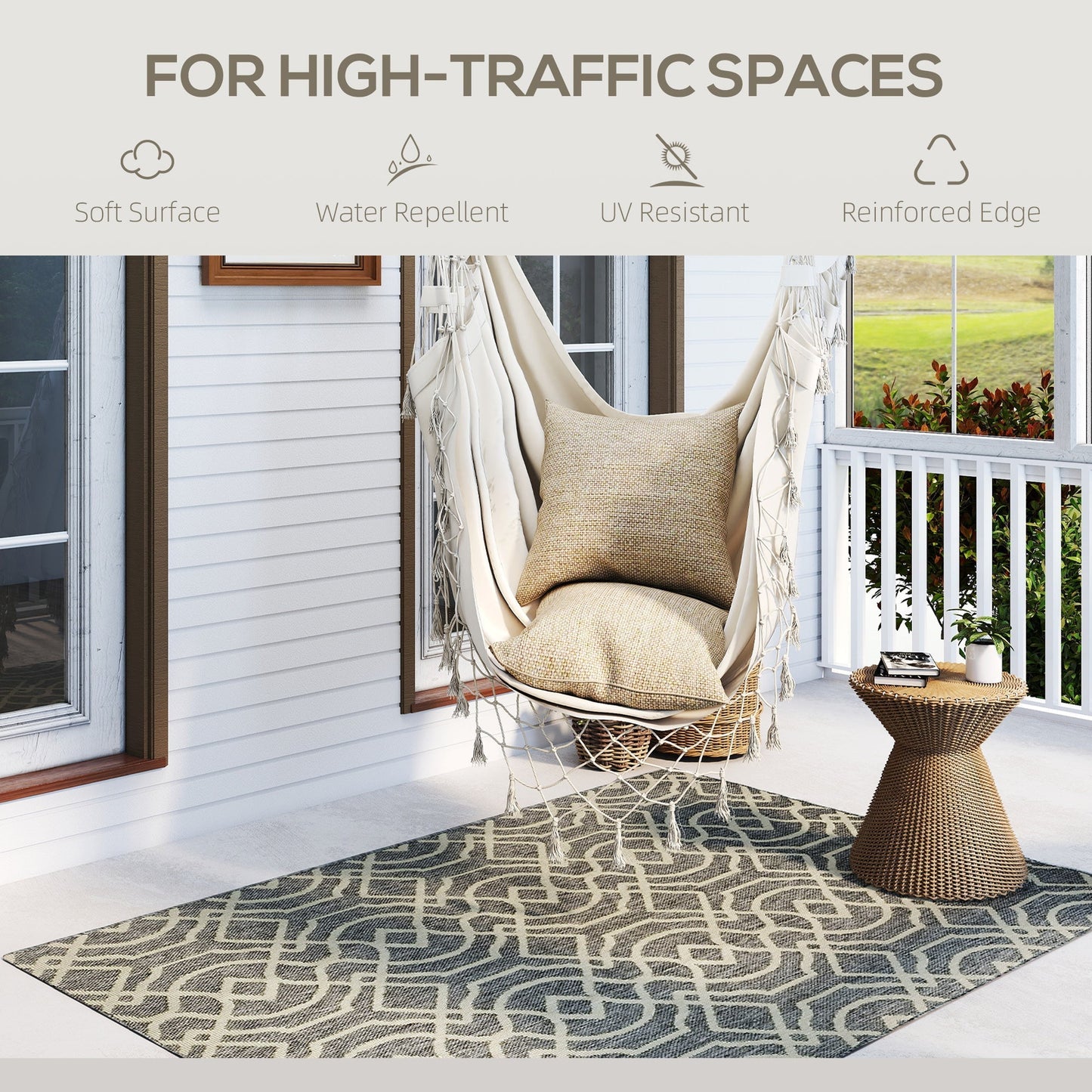 HOMCOM UV Resistant Indoor & Outdoor Area Rug, Easy-Cleaning Machine Washable Rug with Geometric Pattern for Patio, Garden, Kitchen, Bathroom or Living Room, 170 x 120 cm, Grey
