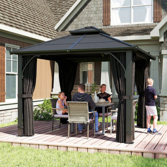 Outsunny 2.5 x 2.5 m Hardtop Gazebo Canopy with 7mm PC Roof, Garden Gazebo Permanent Pavilion with Netting, Curtains, Dark Grey