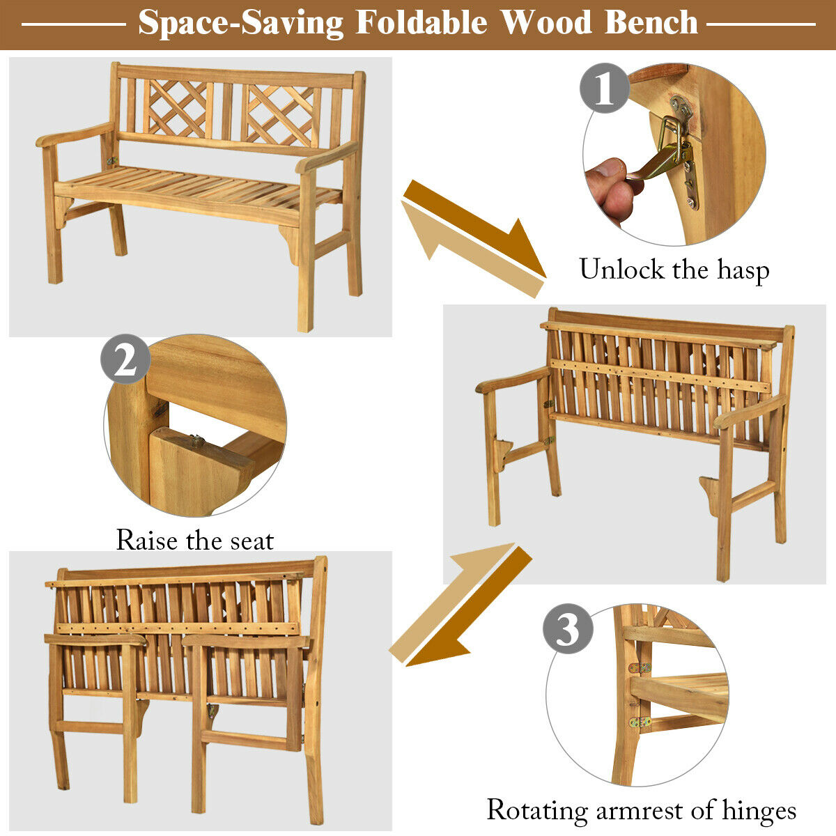 Foldable Acacia Wooden Bench Chair with Solid Hard Wood Structure