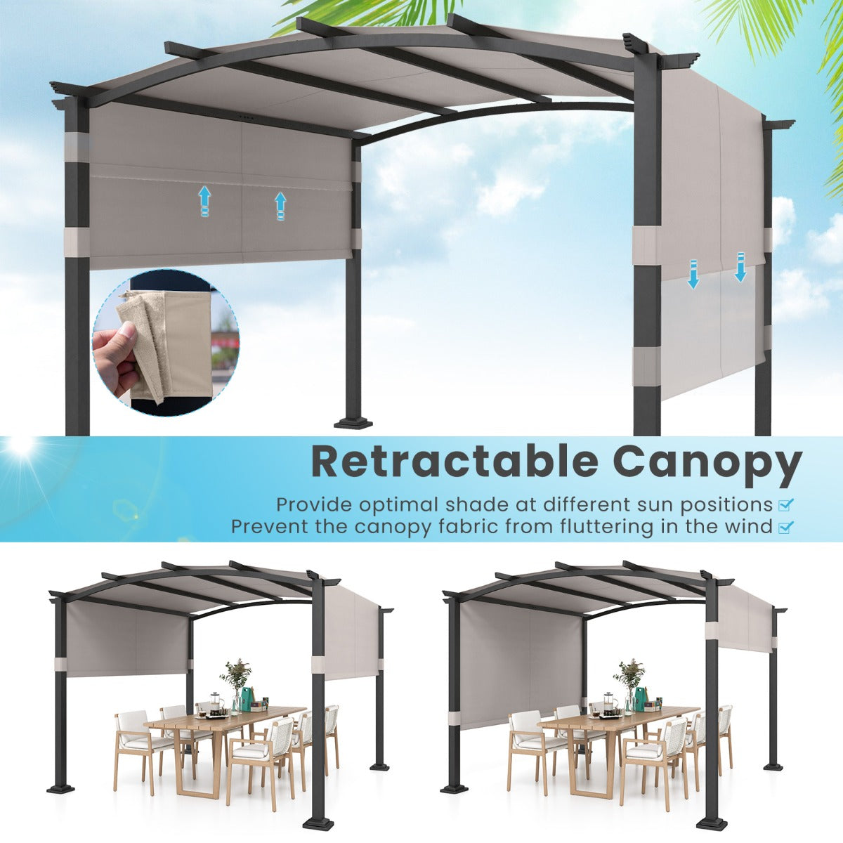 Outdoor Pergola with Retractable Sunshade Canopy and Anchored Plates-Grey