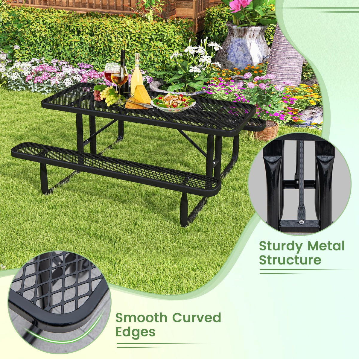 Outdoor Picnic Table & Bench Set for 8 with Seats & Mesh Grid-Black