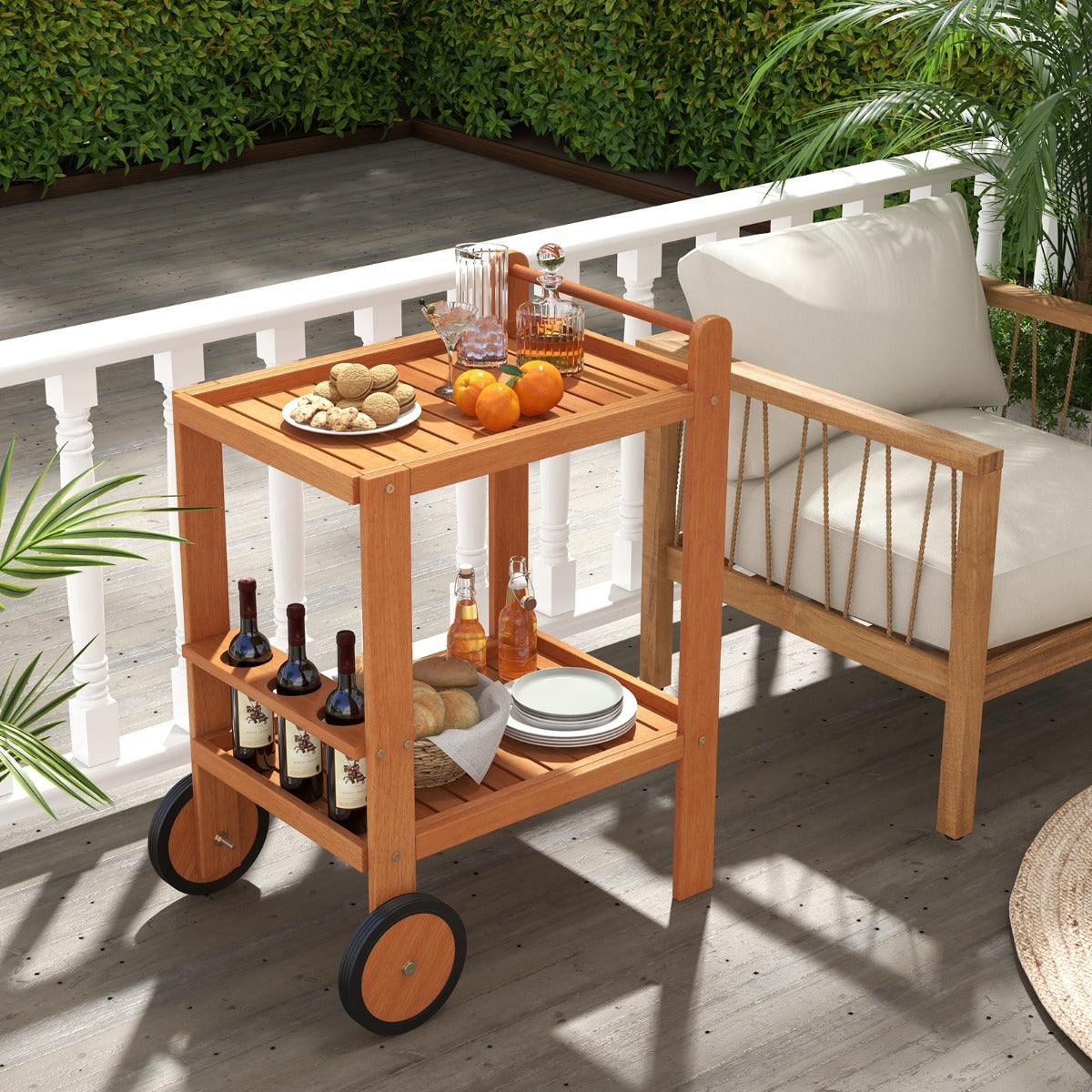 Indoor Outdoor Wood Bar Cart with Wine Bottle Holders and 2 Rubber Wheels