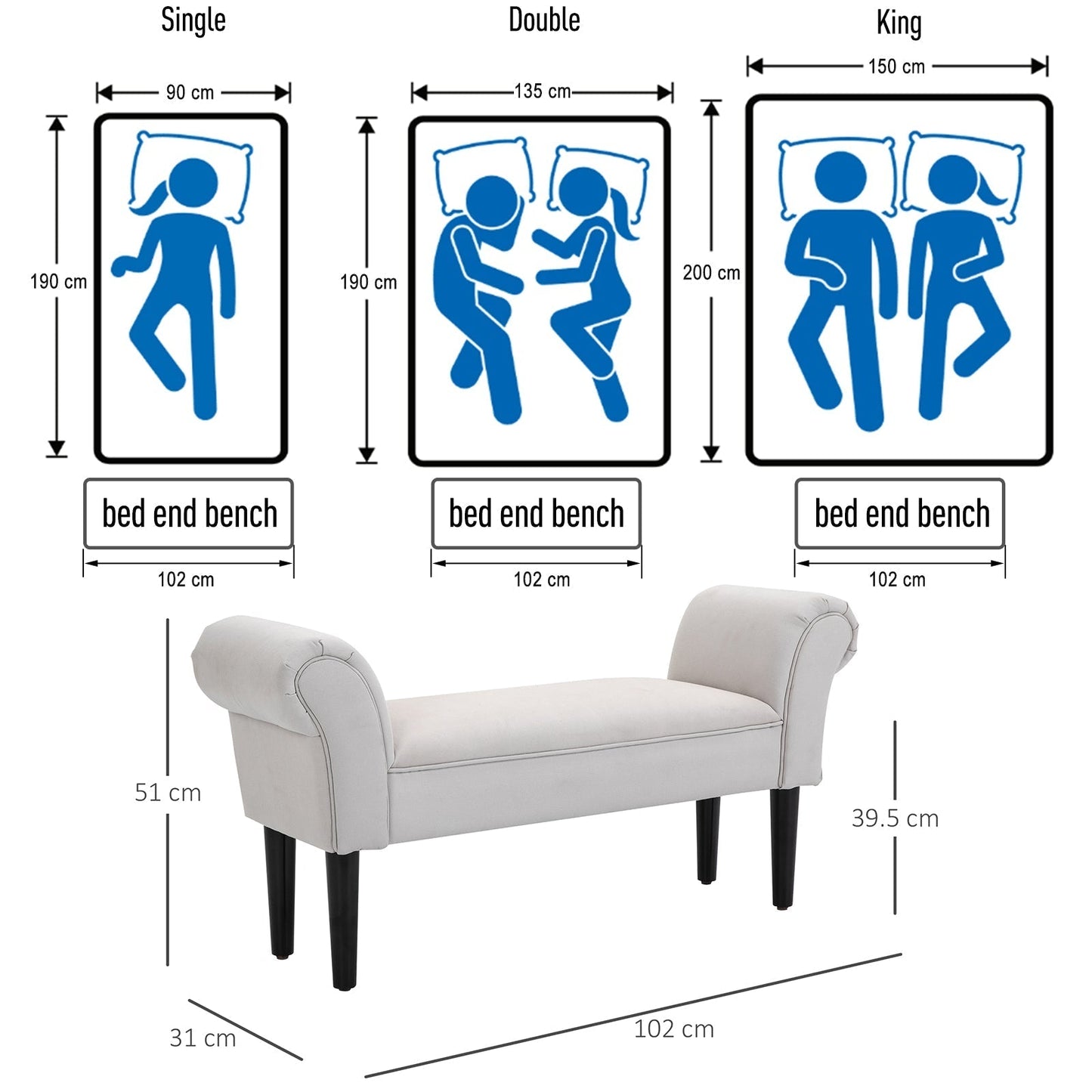 HOMCOM Small Bench, Upholstered Window Seat with Arms and Wooden Legs, Modern Shoe Bench for Entryway, Living Room, Bedroom, Greyish White
