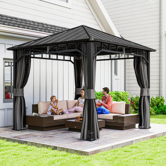 Outsunny 3 x 3(m) Hardtop Gazebo with Galvanised Steel Roof, Waterproof Permanent Pavilion Garden Gazebo with Netting and Curtains for Patio, Deck