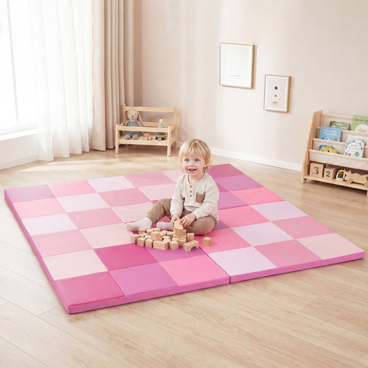 Foldable Patchwork Toddler Activity Mat with Waterproof Faux Leather-Pink