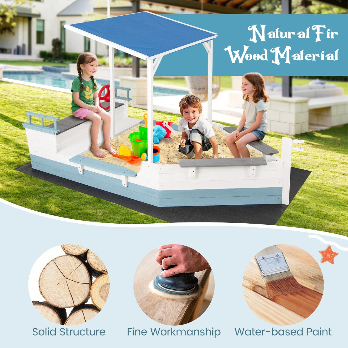 Pirate Ship Sandbox with Canopy with Flag Rudder Bench Seats-White