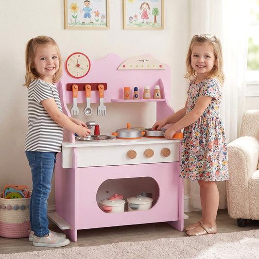 Pretend Play Toy Kitchen Set with Clock Stove Spice Rack-Pink