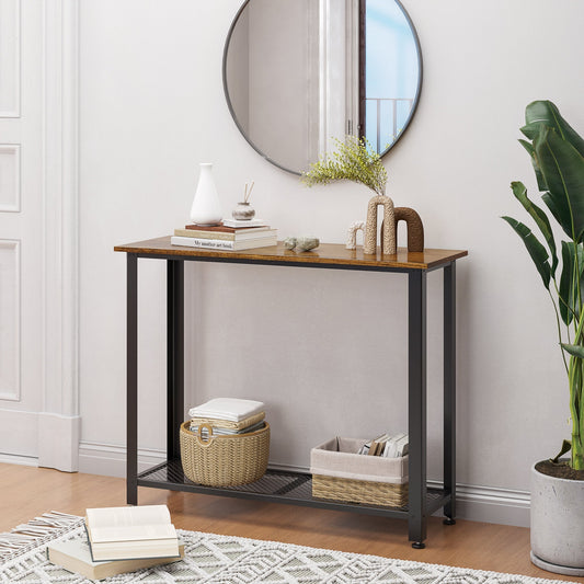 HOMCOM Industrial Console Table,Entryway Table w/Bottom Mesh Shelf Metal Frame Vintage Sofa Table for Hallway, Living Room, Rustic Brown