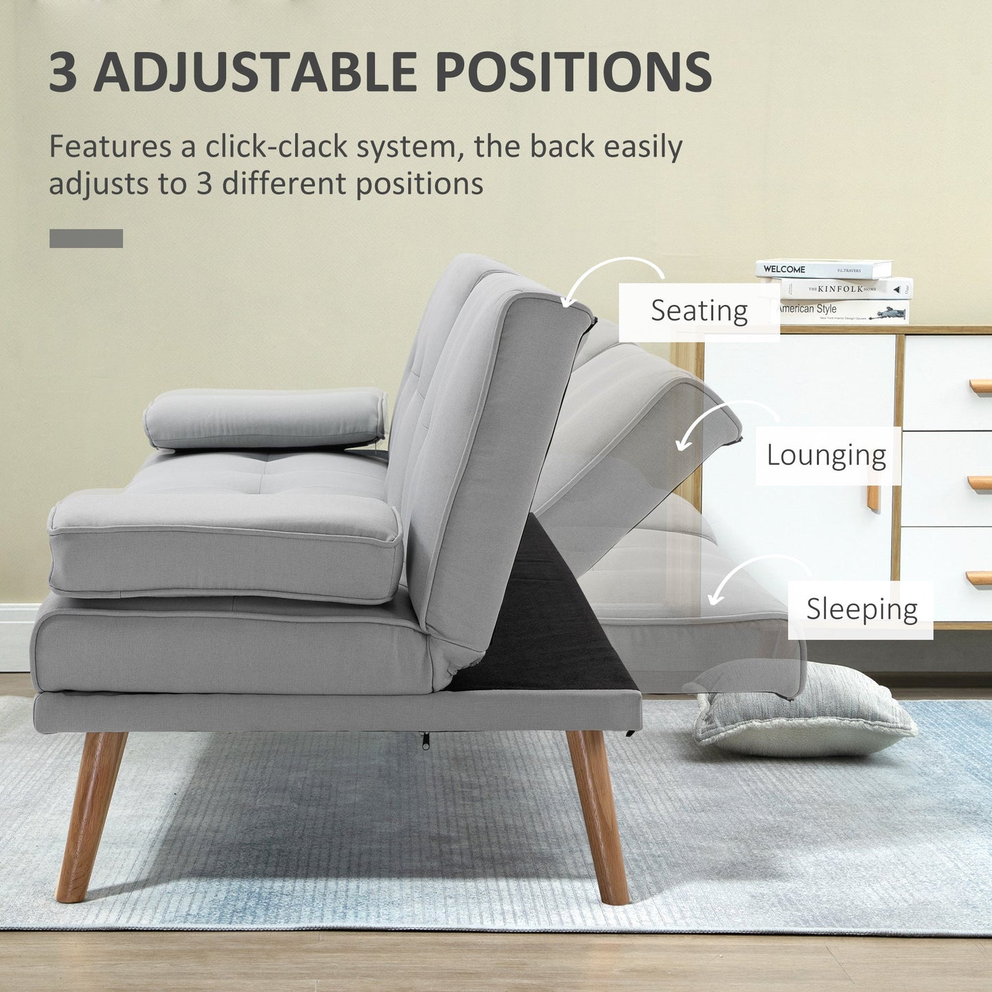 HOMCOM Fabric Click Clack Sofa Bed with 2 Cup Holders, Convertible Futon Settee, Futon Recliner Lounge for Living Room, Spare Room, Bedroom, Grey