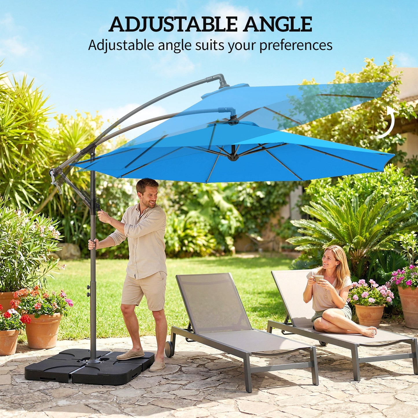 Outsunny 3m Overhanging Parasol, with Base, Weights and Cover - Blue