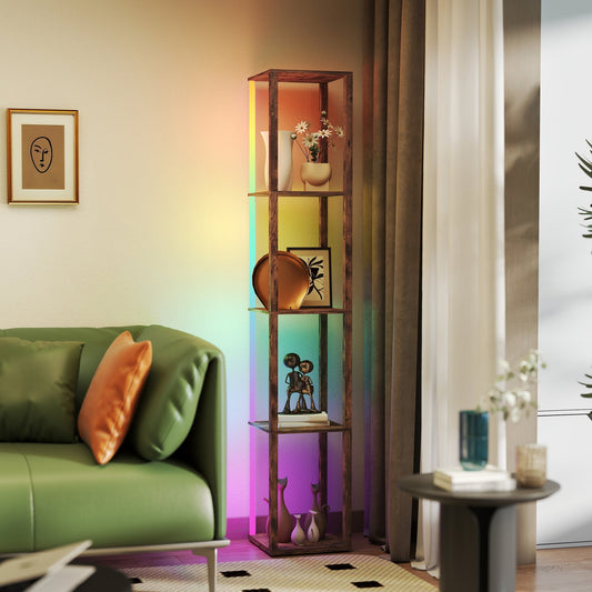 HOMCOM RGB LED Floor Lamp with Shelves, Modern Dimmable Standing Lamp with Remote Control, Adjustable Brightness & Speed for Living Room, Bedroom, Office, Rustic Brown