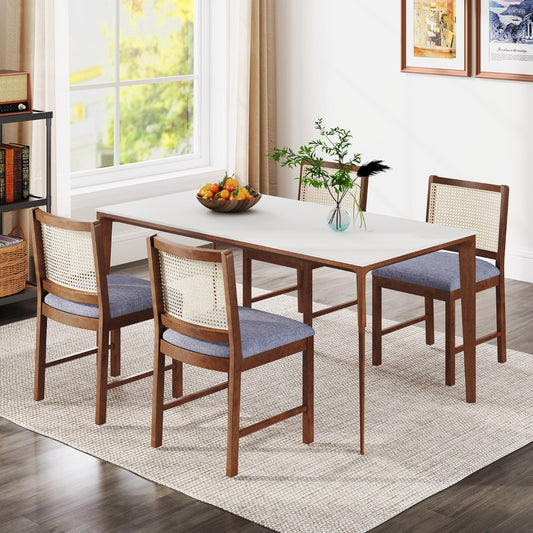 Rattan Dining Chair Set of 4 with Rubber Wood Frame and Linen Fabric Padded-Walnut