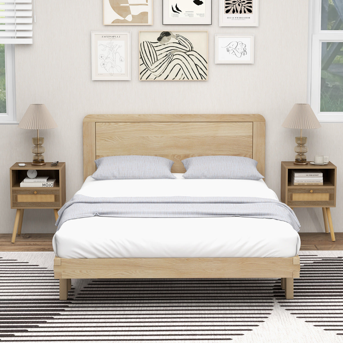 Rattan Nightstand Set of 1 with Rattan Drawer and Open Shelf-Natural