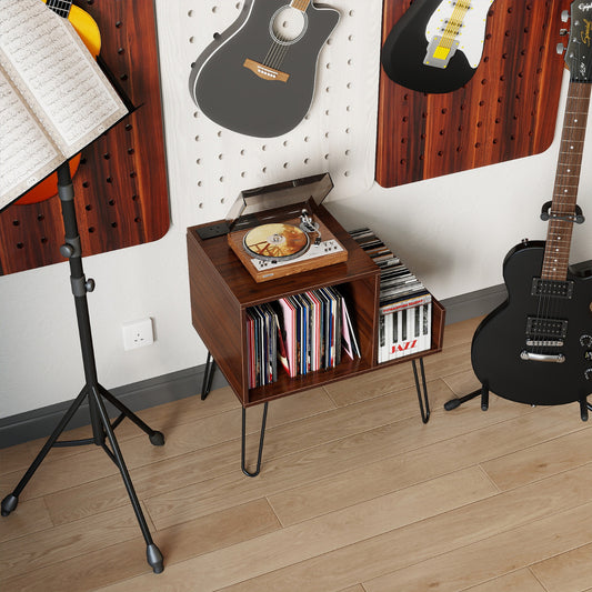 Record Player Stand with Power Outlet and Removable Dividers-Walnut