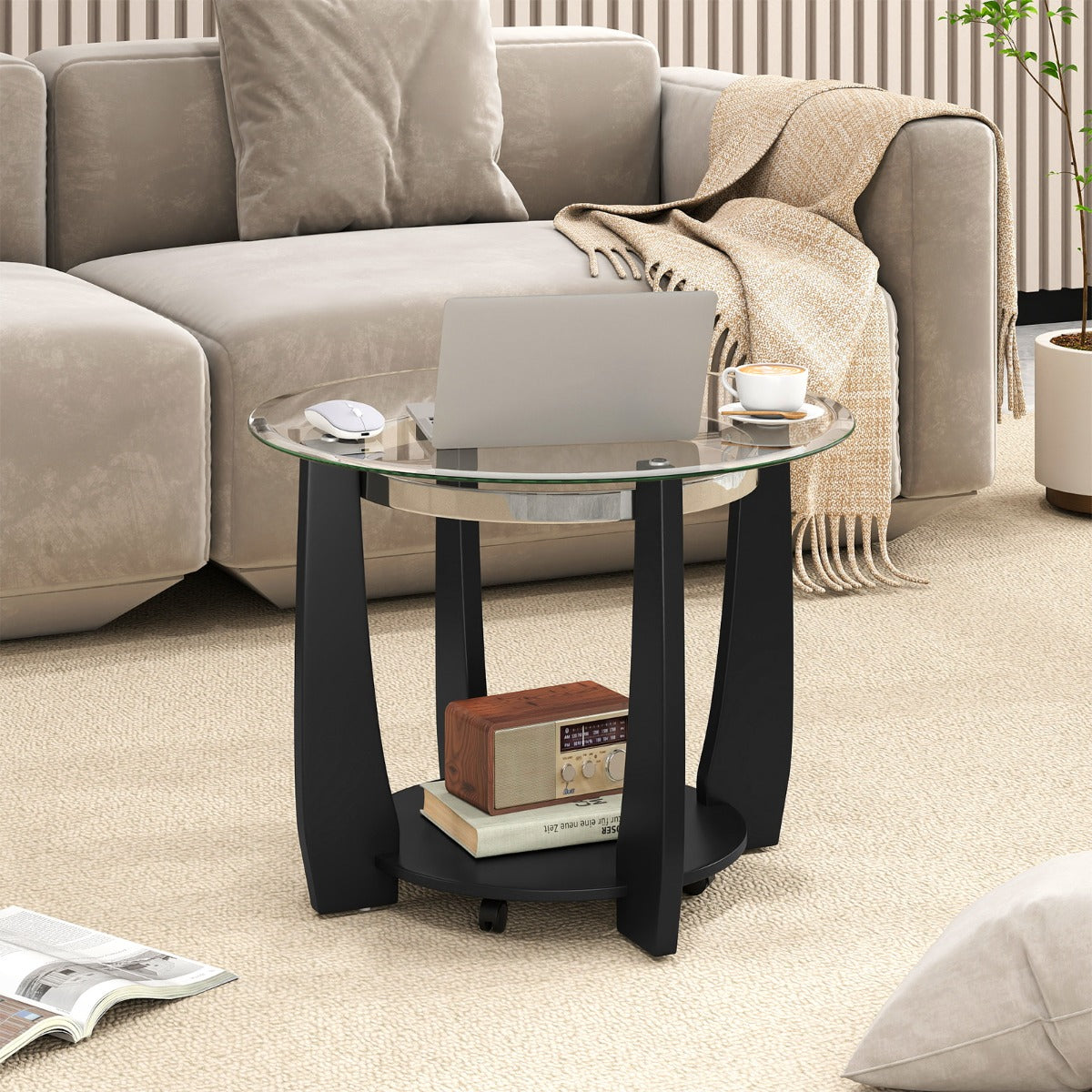 81CM 2-Tier Round Center Table with Storage Shelf and Solid Rubber Wood Legs-Black