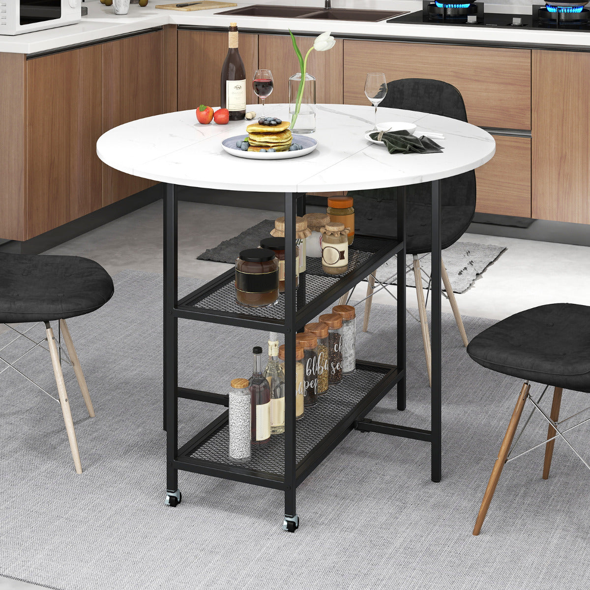 Round Kitchen Table Modern Dining Table with Drop Leaf Tabletop-White