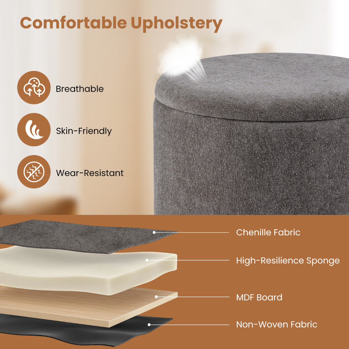 Round Storage Ottoman 45 CM Chenille Fabric Footrest Stool with Removable Lid-Grey
