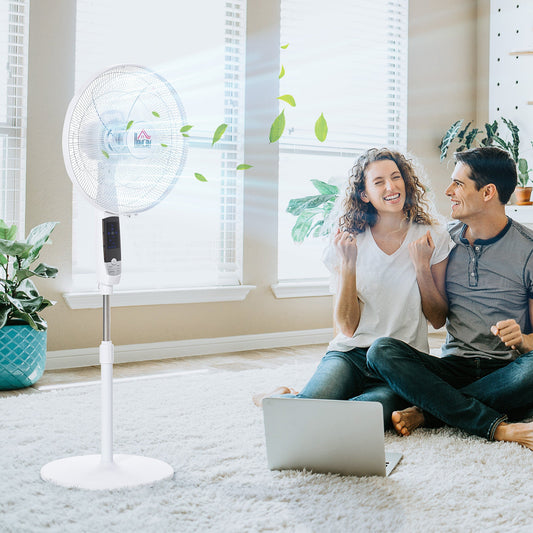 HOMCOM 16'' Pedestal Stand Fan, 3 Speed 3 Mode, 85° Oscillation, LED Panel, 3M Remote Controller, Height Adjustable for Living Room, Bedroom, Garage, Office, Black and White