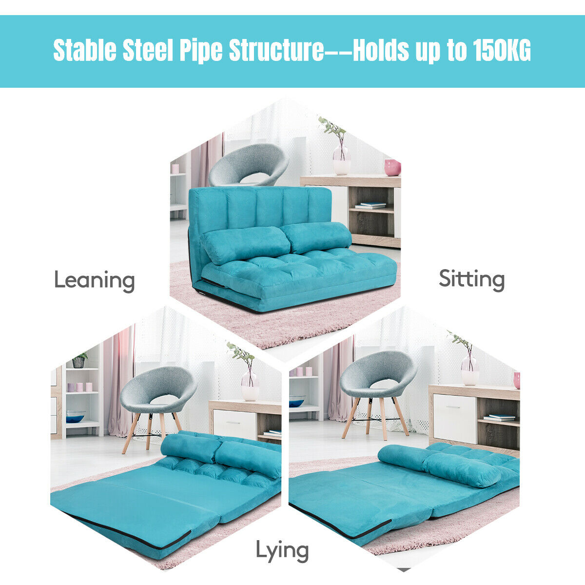 2 in 1 Folding Floor Lazy Sofa Bed with 6 Adjustable Seat Positions and 2 Pillows-Navy