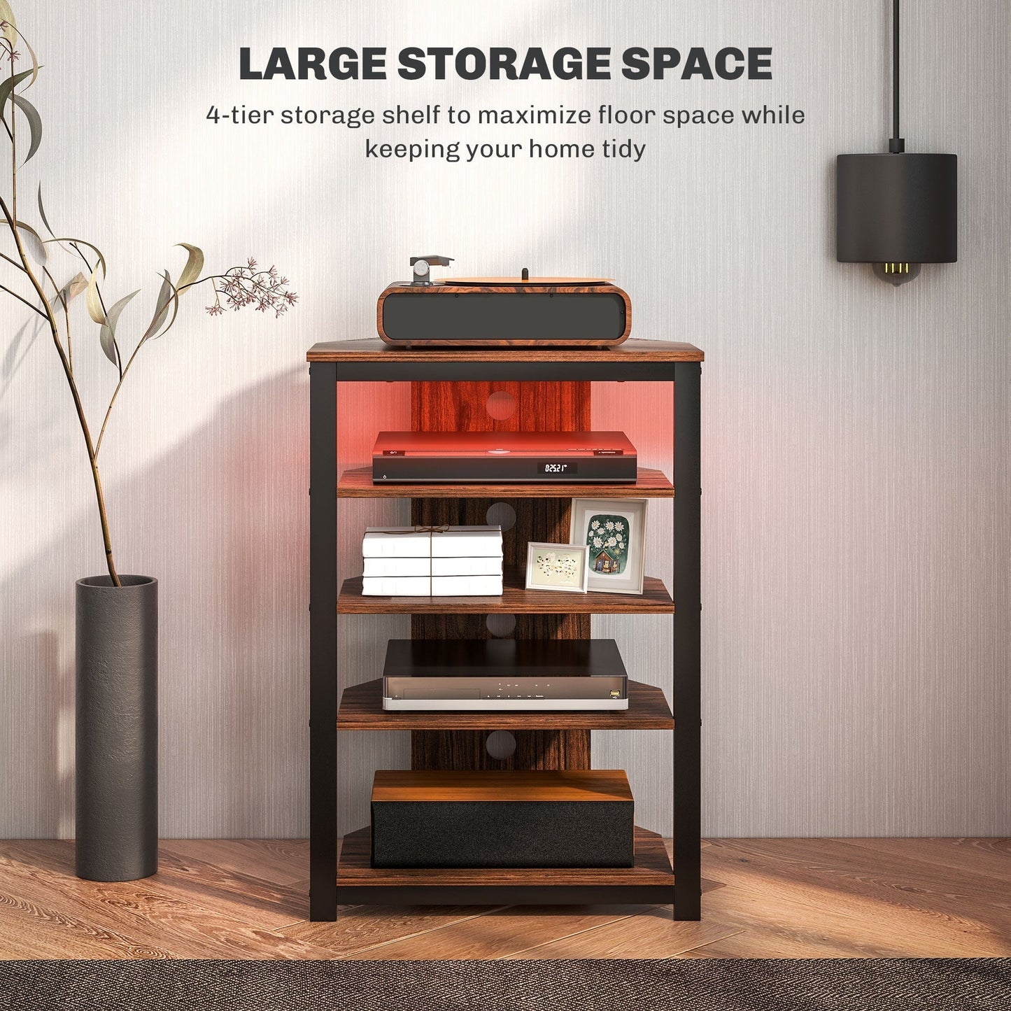 HOMCOM 4-Tier Corner TV Stand with Storage, LED Lights, Cable Management, Small TV Unit Entertainment Centre for TVs up to 29", for Living Room, Bedroom